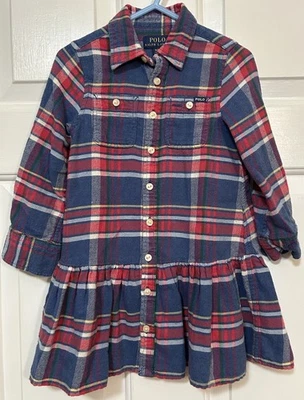 Ralph Lauren Polo Camisa a Cuadros Vestido Niño Pequeño 3T Franela Volantes Manga Larga Foto 1 de 4