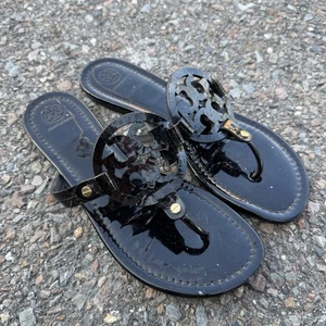 Tory Burch Miller Sandals Womens Size 10 Black Leather Slides Flip Flops Logo - Picture 1 of 9