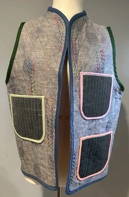 Nuevo Chaleco Hecho a Mano Lino Terciopelo Vellón Sashiko Bordado Acolchado Bolsillos Foto 1 de 4