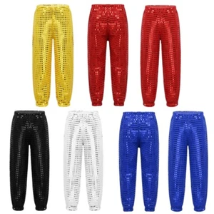 Kids Girls Boys Shiny Metallic Jogger Harem Pants Gymnastics Hip Hop Dancewear - Picture 1 of 41