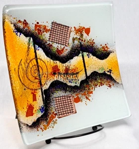 Fused Colored Glass Art Square Plate Abstract Translucent 8" Infuse Chips Mosaic - Picture 1 of 21