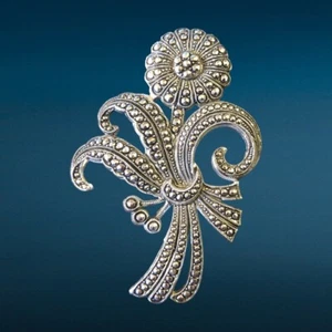 VINTAGE SILVER TONE Marcasite Flower Floral Brooch Pin - Picture 1 of 4
