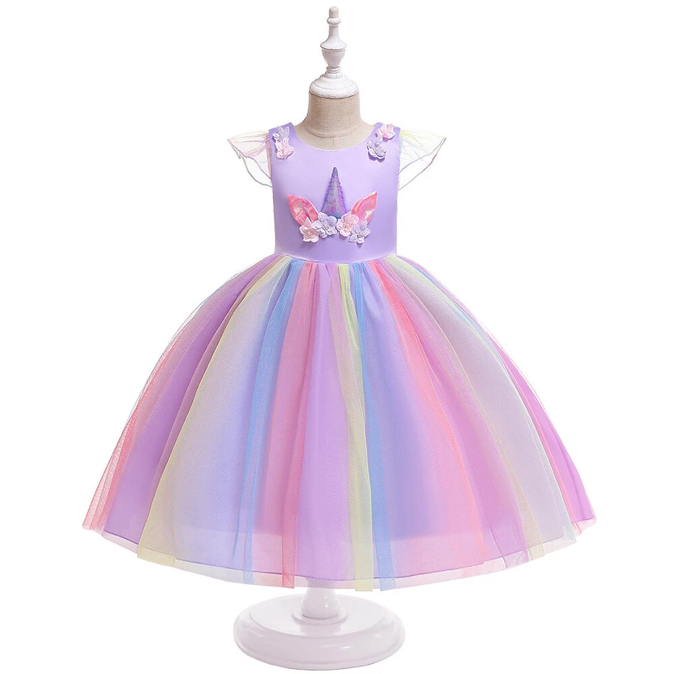 Rainbow Unicorn Girl Dress Party Flower Lace Long Tutu Formal Princess Dresses - Image 1 of 4