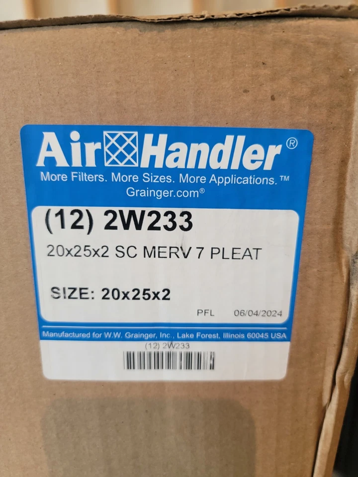 Air Handler 2W233 Pleated Air Filter 20x25x2 Merv 7 PK 12