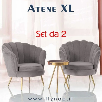 SET 2 Poltrone Imbottite Schienale Conchiglia Atene XL Velluto Grigio Gambe oro - Immagine 1 di 4