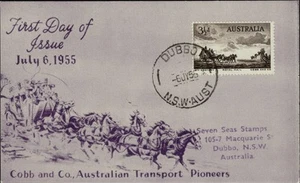 Tarjeta de estampillas Cobb and Co 1955 31/2d FDI Seven Seas con matasellos de Dubbo. - Imagen 1 de 2
