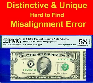 1985 10 $ Federal Reserve Note PMG 58EPQ rare wanted misalignment error Fr 2027-F - Bild 1 von 3