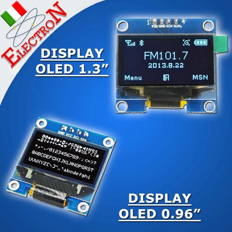 ELECTRON ITALIA MODULO DISPLAY 0.96" 1.3" OLED LCD 128X64 12864 SERIAL INTERFACE I2C/IIC ARDUINO