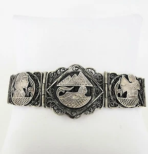 Vintage Sterling Silver Egyptian Storyteller Filigree Panel Link Bracelet - Picture 1 of 11