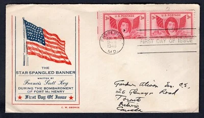 USA 1948 FDC Cover. Star Spangled Banner. Flag. CW George Cachet - Image 1 of 2