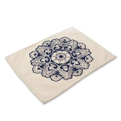 Linen Blend Floral Placemat Table Fabric Chinese Porcelain Printed Mat Ethnic - Image 1 of 4