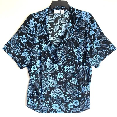 Jaclyn Smith размер 3 X синий пейсли цветочный коротким рукавом галстук шеи Топ - Изображение 1 из 4