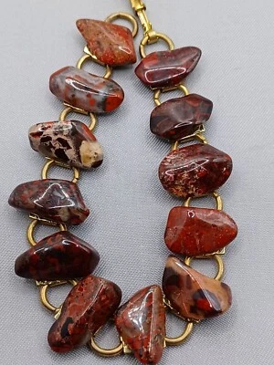 Brazalete Vintage Jaspe Rojo Tono Dorado Eslabón Grande Hermoso Patrón Piedras Preciosas 8" Foto 1 de 4