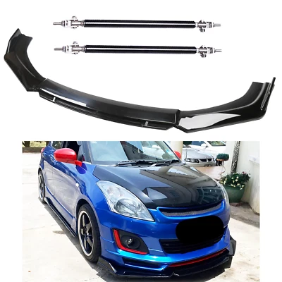 Gloss Black Front Bumper Lip Splitter Spoiler Kit + Strut Rods For Suzuki Swift Foto 1 de 4