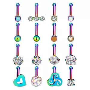 16pcs 20G Nose Stud Ring Rainbow Stainless Steel Opal CZ Straight Bone Studs Pin - Picture 1 of 4