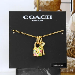 NWT Coach Signature Rainbow Padlock Lock Key Necklace Gold Tone - Picture 1 of 7
