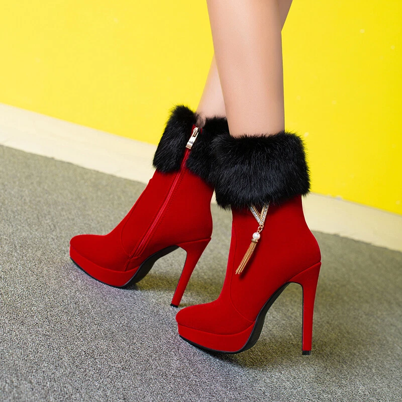 Botas para mujer Botas al tobillo de invierno Tacón alto Cremallera Gamuza Zapatos Cálidos Plataforma de piel Foto 1 de 4