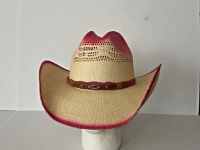 Straw Cowgirl 西部帽子 热销 粉色和白色 Cattleman Pinch 前帽 尺寸 L/XL — 第 1/4 张图片