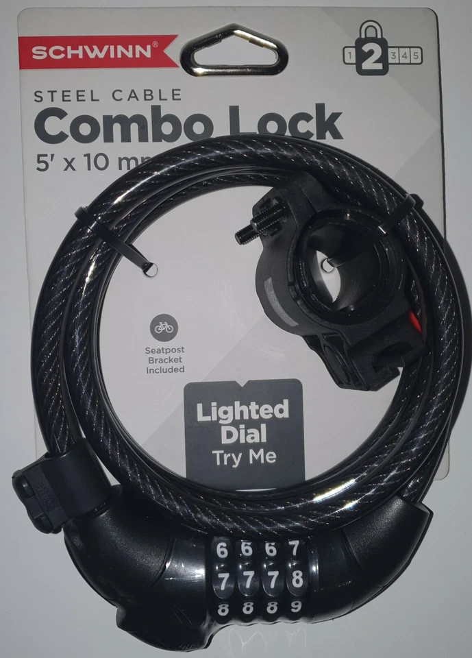 Schwinn SW78341A Steel Cable Combo Lock 5ft x 10mm Resettable Combo w/ Light - Image 1 of 1