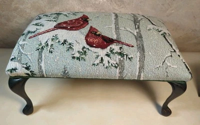 Vrg Red Cardinals Birds Footstool Tapestry Ottoman Metal Queen Anne Legs Snow - Image 1 of 4