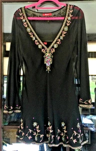 Vintage MONSOON Black Embroidered & Beaded 100% Silk Tunic/Top & Cami Size 16 - Picture 1 of 13