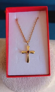 COLLANA CROCE E CATENA ORO 9 ct e granato completa di segni distintivi gioielli 4 grammi - Foto 1 di 11