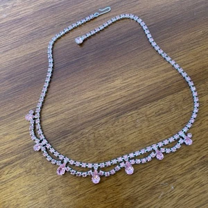 Elegant Pink Rhinestone Necklace Vintage Signed B. David Evening Attire - Picture 1 of 9