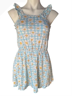 Romper feminino Shosho tamanho 10 azul e branco margarida quadriculado alças com babados - Imagem 1 de 4