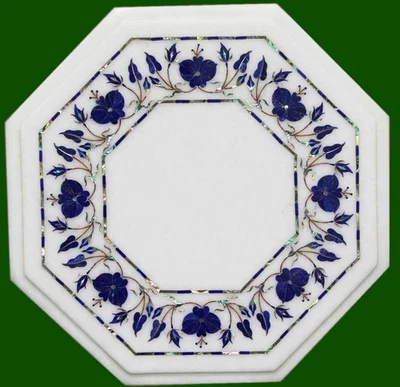 Lapis Lazuli Inlay End Table Top with Royal Look | White Marble Coffee Table Top - Image 1 of 4
