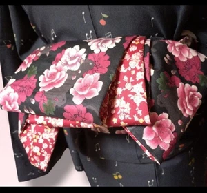 Kimono japonés HANHABAobi yukata obi.kaku obi cinturón.negro blanco rojo.gato negro - Imagen 1 de 5