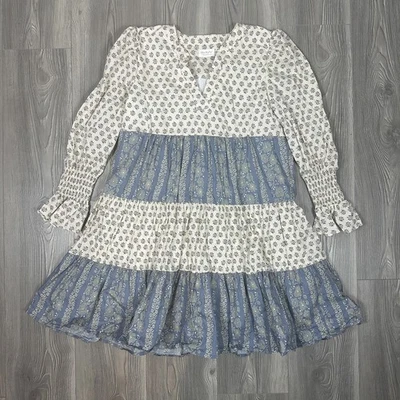 Shop the Mint Dusty Blue and Cream Tiered Long Sleeve Dress Womens L - Image 1 of 4