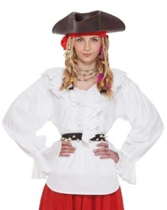 Pirate Blouse Ladies White V-Neck Ruffled Front White Cotton Costume Blouse - Picture 1 of 1