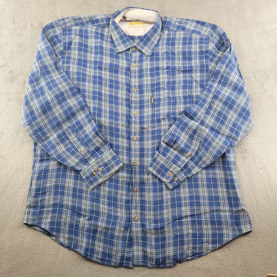 Barbour Button Up Shirt Mens XL Blue Flannel Plaid Linen Casual Button Down - Image 1 of 4
