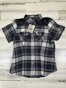 Harley Davidson Lace-Yoked Black White Plaid Short Sleeve Shirt Womens Size S - Picture 1 of 7