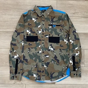 LRG Woven Big Wolf Eyes Camo Long Sleeve Button Up Shirt Adult Size Large Pocket - Picture 1 of 5