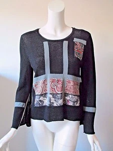 Barbara Who? Black Patch Work Crew Neck Long Sleeve Meshy Knit Sweater Top S - Picture 1 of 9