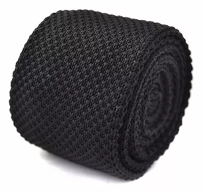 Frederick Thomas Knitted Silk Mens Tie - Black - Plain Skinny Handmade Necktie - Image 1 of 4