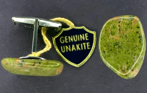 C1960s NOS Genuine Unakite Polished Natural Gemstone Cufflink Green Burnt Orange - Picture 1 of 5