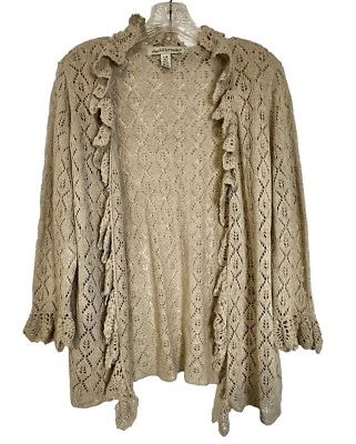 David Brooks Crochet 3/4 Flare Sleeve Tan Ruffled Open Cardigan Boho Y2K Size L - Image 1 of 4