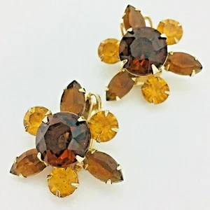 Vintage Amber Glass Earrings Rhinestone Crystal Rivet Back Prong Set Gold Orange - Picture 1 of 7