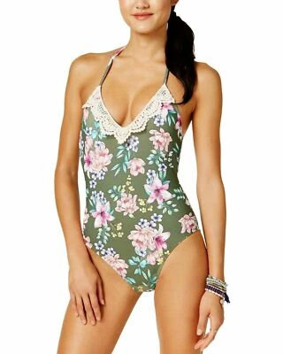 Hula Honey Junior Medium Olive Green Floral Halter 1-Piece Swimsuit NWT M - Image 1 of 4