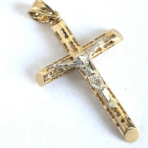 14k gold Jesus crucifix Tube cross pendant charm 1.5 inch long yellow white 2 tn - Picture 1 of 12