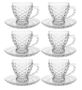 12pc Wavy Glass Cup Mug & Saucer Base Tea Cappuccino Espresso Coffee Drink Set - Picture 1 of 9