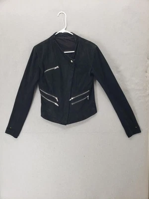 Veda Jacket Womens Large Black Leather Asymmetrical Moto Zip Wool Sleeve Biker - Image 1 of 4