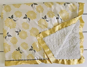 The Peanut Shell Yellow Cream Gray Baby Blanket Dahlia Flowers Silky Satin Trim - Picture 1 of 4