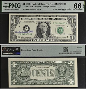 1969 $1 FRN - PMG 66EPQ - Dual Autographs Elston & Kennedy - Rare Collectors Gem - Picture 1 of 3