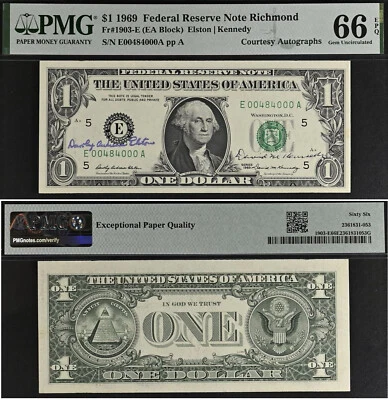 1969 $1 FRN - PMG 66EPQ - Dual Autographs Elston & Kennedy - Rare Collectors Gem - Image 1 of 3