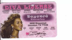 BEYONCE diva license BOOTILICIOUS BOOTYLICIOUS Houston Texas TX Drivers License - Picture 1 of 1
