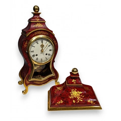 Vintage Swiss Red LeCastel clock decorated with gold flowers with its console Cover