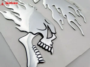 Pair Motorcycle Skull Head Flame Fuel Gas Tank Fairing 3D Emblem Badge Decal L/R - Foto 1 di 5
